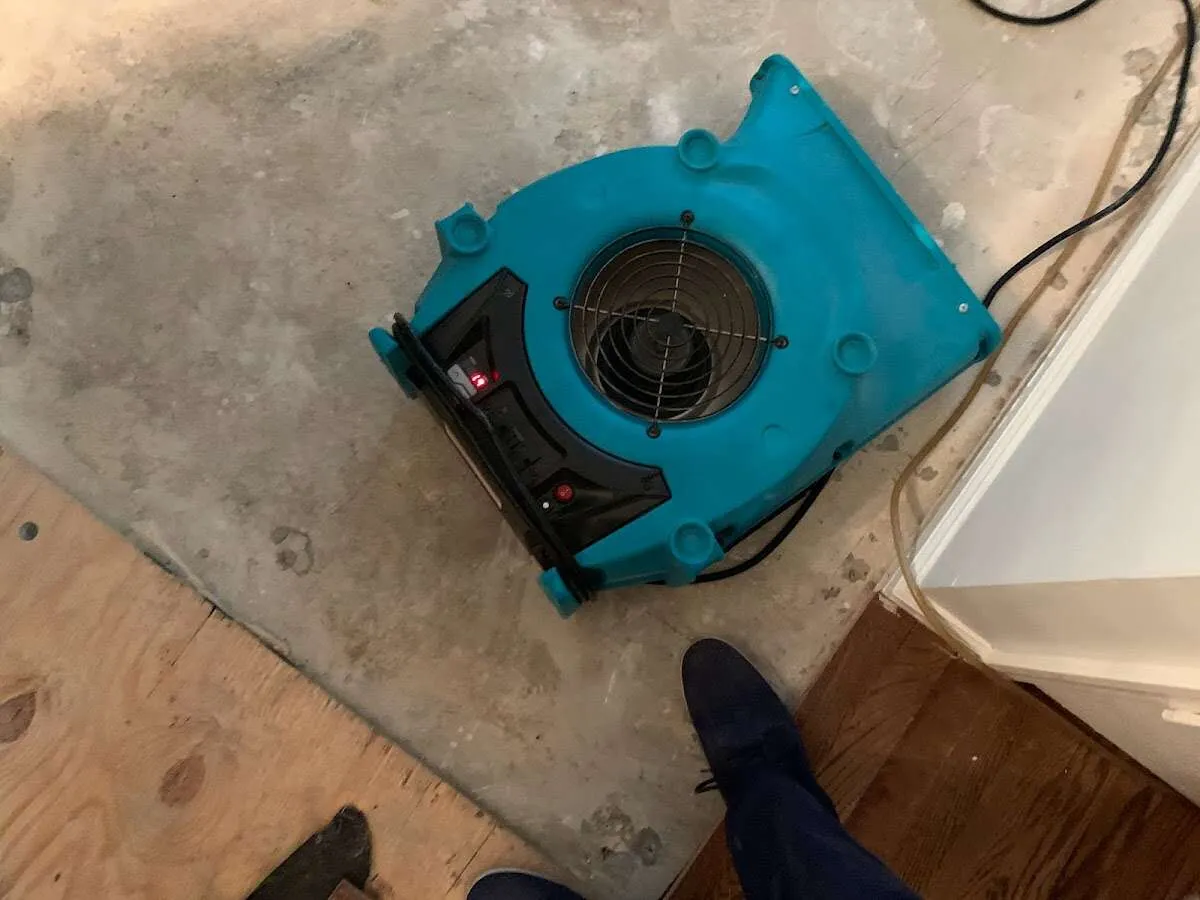 Air mover drying subfloor during Commercial Water Damage Restoration in Nuevo
